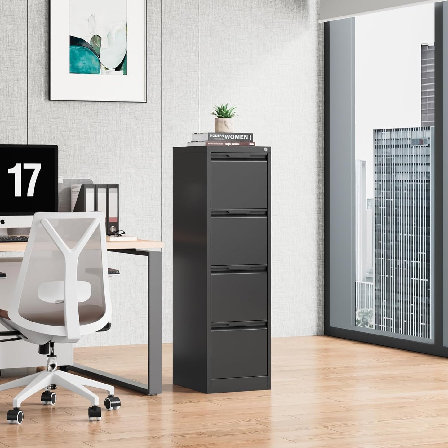 4 Drawer File Cabinet, 17.8" D Metal Filing Cabinets with Lock, Vertical Filing Cabinet for Home Office, Steel File for Letter/Legal/A4/F4 Size, Easy Assemble (Black)