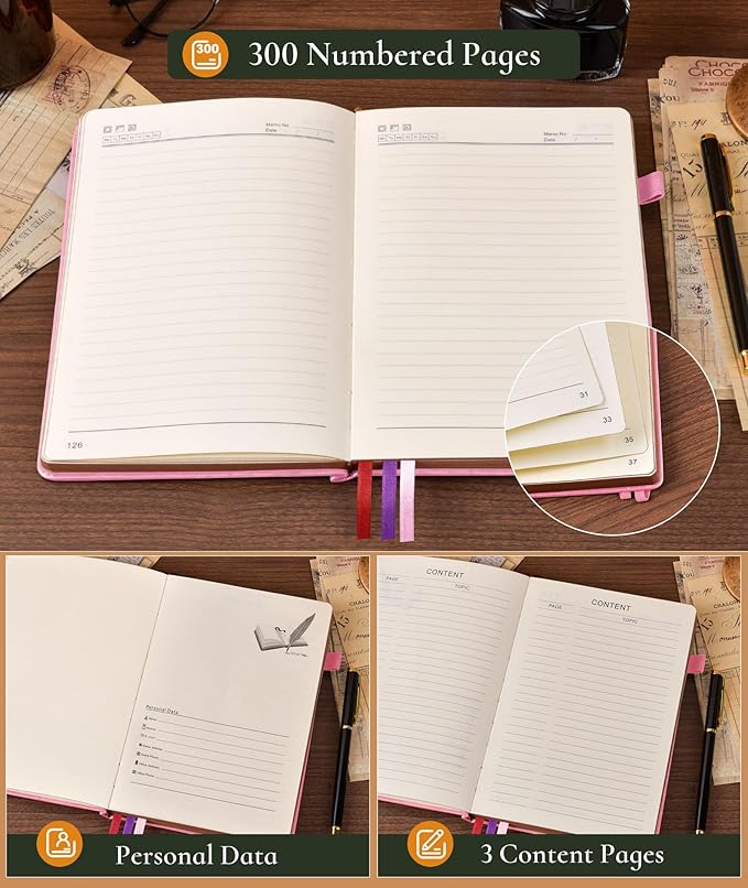 Vintage Leather Journal with 300 Numbered Pages,B5 Lined Journal for Men Women,Daily Journals for Writing,College Ruled Notebook for Work,School,Note taking,Travel Diary,Large (7" x 10")