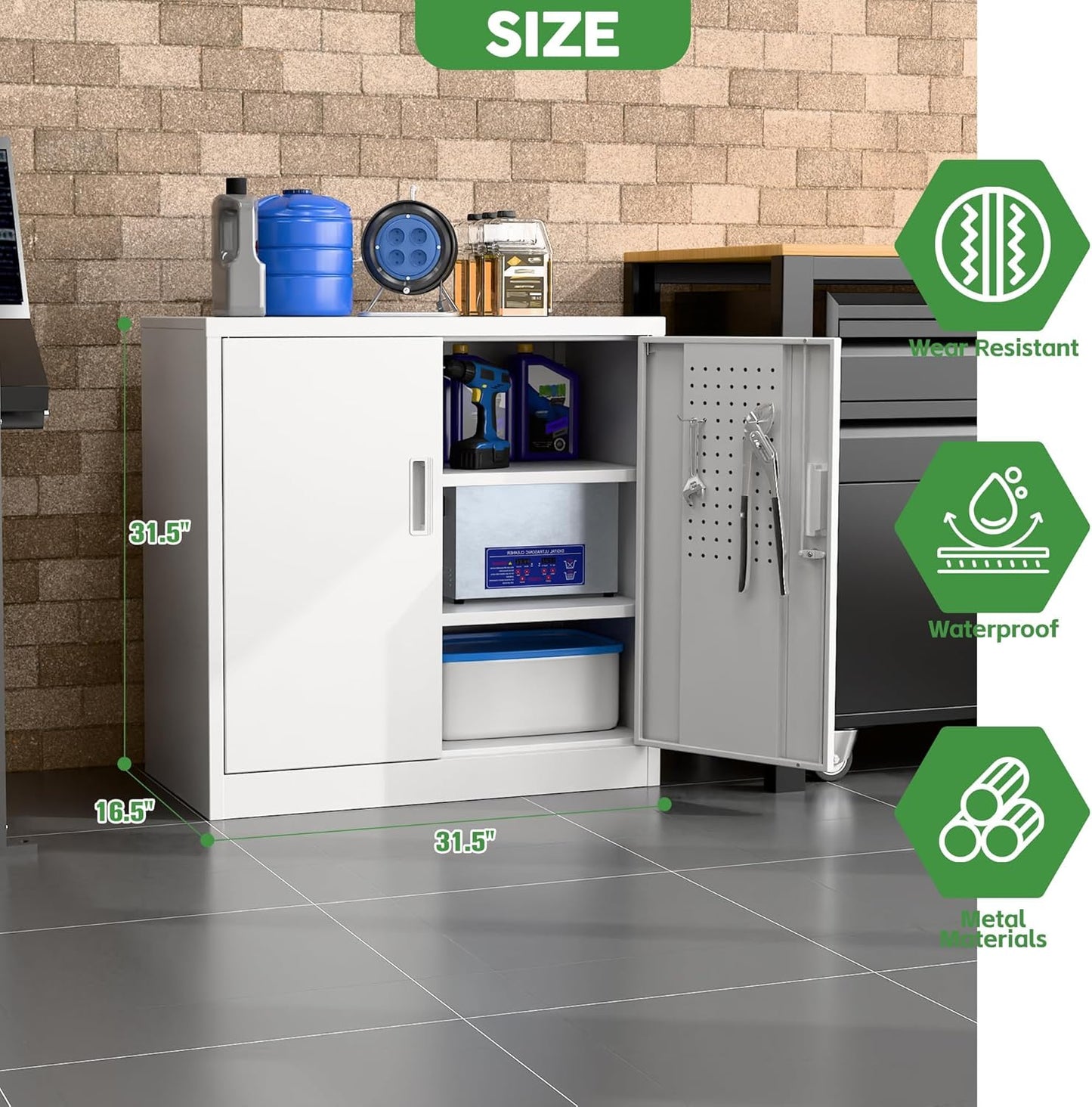 Aobabo 31.5" H Small Garage Storage Cabinet with Pegboard,Lockable File Storage Cabinet with 2 Adjustable Shelves for Garage, Office, School, Assembly Require, White