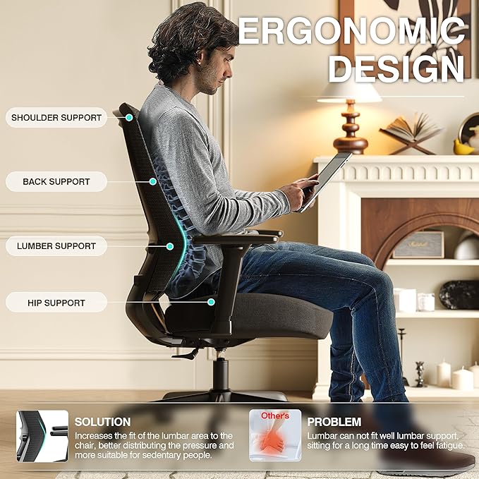 T96C Ergonomic Home Office Chair, Mesh Computer Desk Chair with 4D Armrests, Adjustable Lumbar Support,Tilt Function, Executive Rolling Swivel Task Chair for Long Hours (Black - Upholstered Seat)