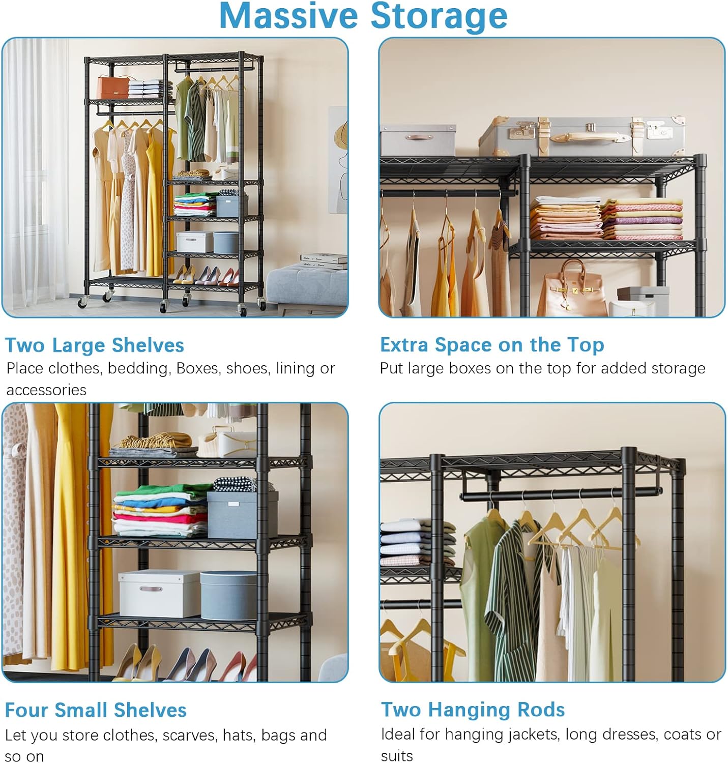 VIPEK R4 Garment Racks Heavy Duty Clothes Rack -620lb Capacity Metal Frame, Rolling Lockable Wheels & 6 Tiers Adjustable Height Shelves & Hanger Rods, Sturdy Wardrobe Closet for Home Storage, Black