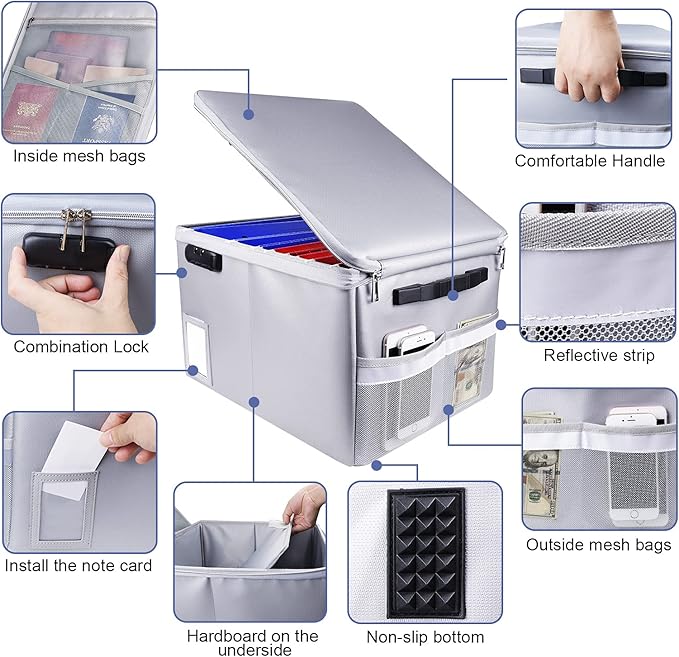 File Box with Lock, Fireproof Document Box File Organizer Box, Portable Office Collapsible File Storage with Reflective Strip for Hanging Letter/Legal Size Folder/Certificate