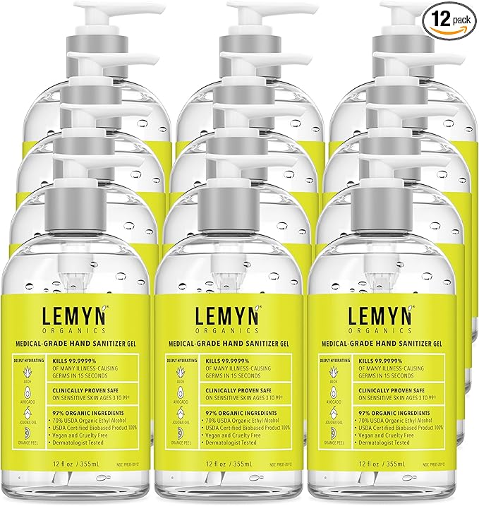 Medical Grade Hand Sanitizer Gel - 97% ORGANIC - 12 FL.OZ. (PACK OF 12)