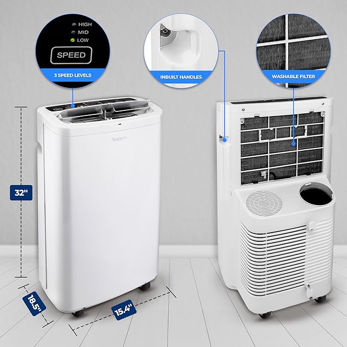 SereneLife Small Air Conditioner Portable 14,000 BTU with Built-in Dehumidifier - Portable AC unit for rooms up to 650 sq ft - Remote Control, Window Mount Exhaust Kit