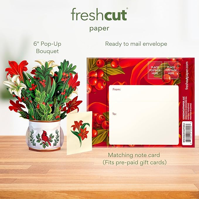 Freshcut Paper Pop Up Cards, Mini Winter Joy, 6 Inch Mini Sized Forever Flower Bouquet 3D Popup Greeting Cards, Christmas Card, Holiday Card, Blank Notecard & Envelope