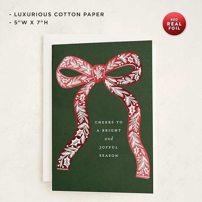 Minted Botanical Bow Holiday Cards, 8 Cards with Envelopes, Folded 5x7 Christmas Card with Red and White Illustrated Ribbon Design, Gold Foil-Pressed, Luxurious Paper, Interior Message Included