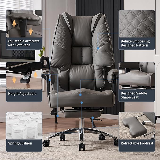 Big and Tall Office Chair 400lbs Wide Seat, Leather High Back Executive Office Chair with Foot Rest, Ergonomic Chairs Lumbar Support for Lower Back Pain Relief (Grey)