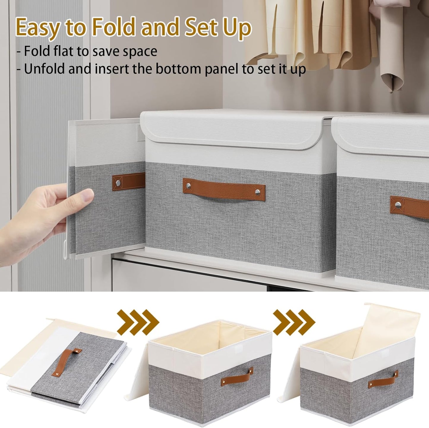 Yawinhe Collapsible Storage Bin, Cube Organizer Basket, Fabric Box with Lids, Washable and Leather Handle, for Home, Closet, White/Grey, 13.0''Lx9.0''Wx7.9''H, 3-Pack, SNK024WGS-3