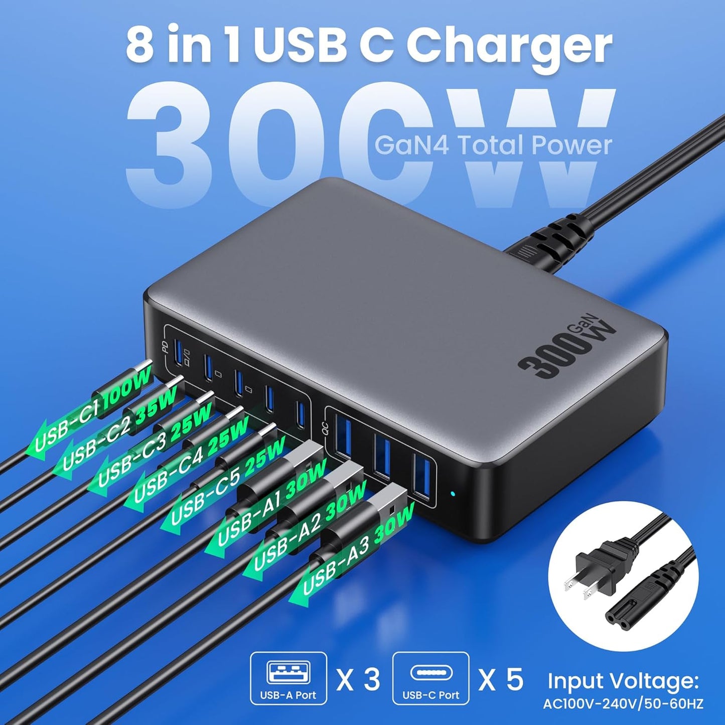 USB C Charger 300W USB C Charger Block 8-Ports GaN IV Fast Charging Station,PD 100W Laptop Hub Wall Charging Adapter Compatible with MacBook/Air,DELL,Steam Desk,iPhone 16/15/14,Samsung Galaxy S24 etc