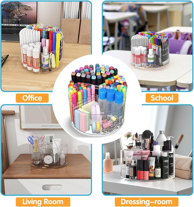 Acrylic Pen Holder, 360 Degree Rotating Pen Organizer, Rotating Desk Acrylic Office Organizer with 6 Compartments, Marker Organizer for Kid, Crayon Caddy School Art Supply Storage Organizer