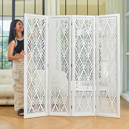 5.6Ft Room Divider Folding Wood Simple Carved Partition Screen for Home Office Garden - 4 Panels (White)