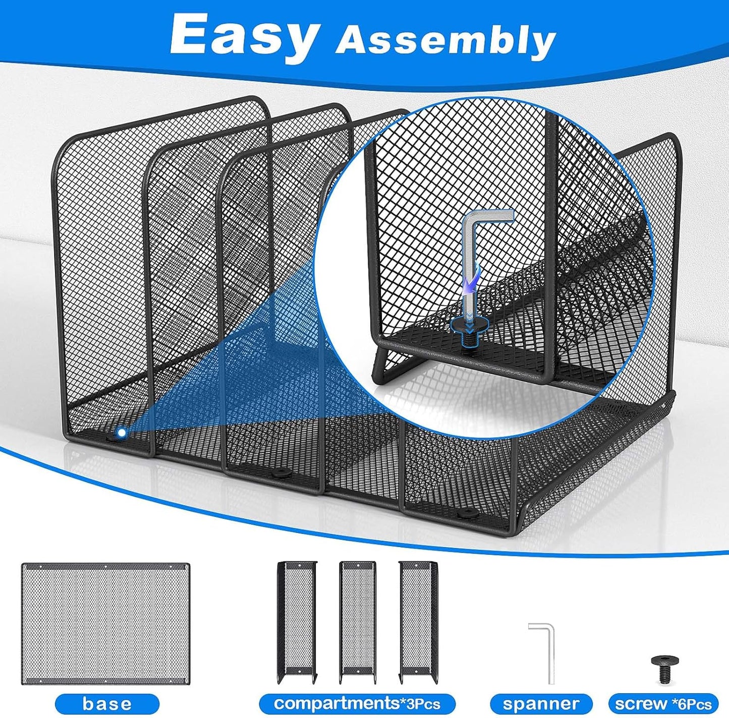 5 Sections Desk File Holder/Rack/Sorter,Mesh File Organizer,File Folder Organizer,Metal Upright Desktop Organization for Documents,Magazine,Kitchenware,Antiskid,Antirust,Sturdy,1 Pack