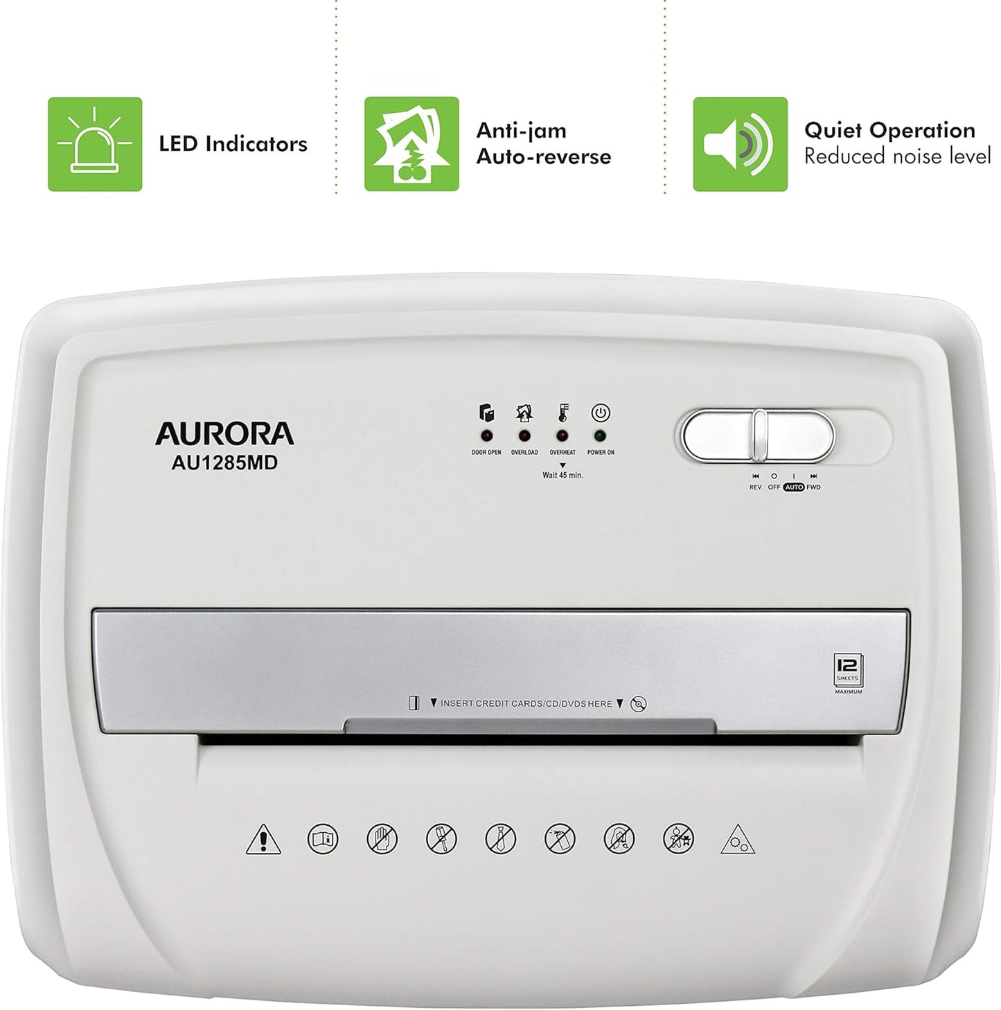 Aurora AU1285MD Compact Desktop-Style High Security 12-Sheet Micro-Cut Paper and CD/Credit Card/Junk Mail Pullout Basket Shredder, White/Black