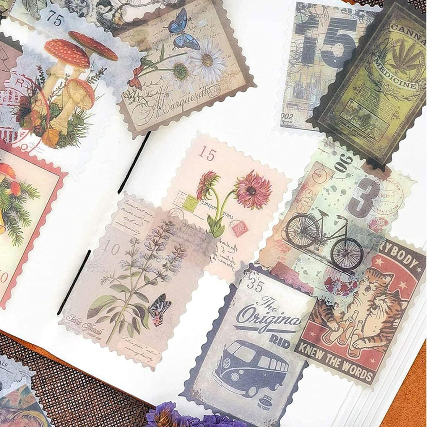 60pcs Vintage Postage Stamp Stickers, Aesthetic Modern Deco Paper Sticker for Scrapbooking, Journaling Supplies, Planners, Kid DIY Art Crafts