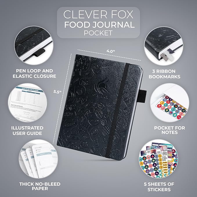 Clever Fox Food Journal Pocket - Daily Food Diary, Meal Planner to Track Calories & Nutrients, Weight Loss Tracker Notebook, 4x5.5” (Silver Black)