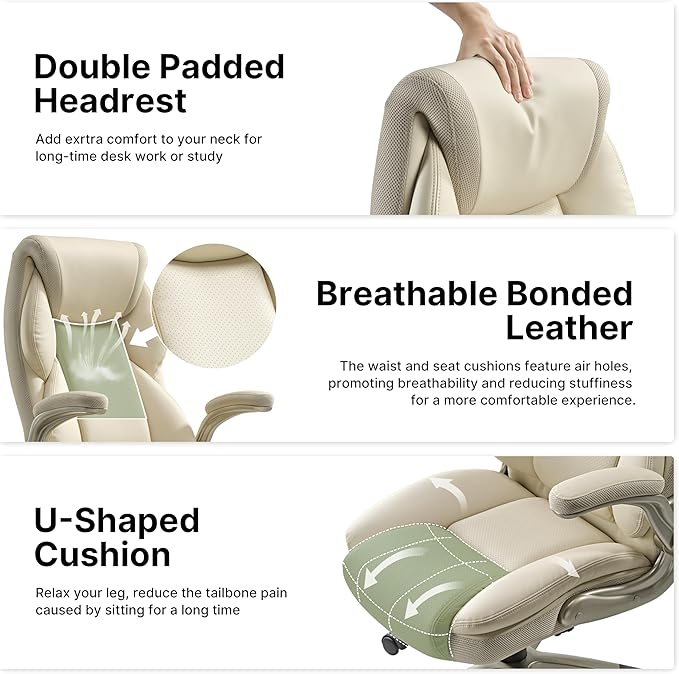EUREKA ERGONOMIC Executive Office Chair Flip Up Arm Rest, Ergonomic Desk Chair Faux Leather Computer Chair, High Back Office Chair with Headrest, Home Office Desk Chairs with Wheels, Beige