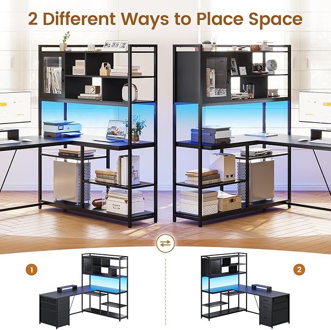 SEDETA L Shaped Computer Desk, 58'' Office Desk with 3 Drawers and Bookshelf, L Shaped Corner Desk with Storage Shelves and LED Light for Home Office, Gaming Desk, L Desk, Black