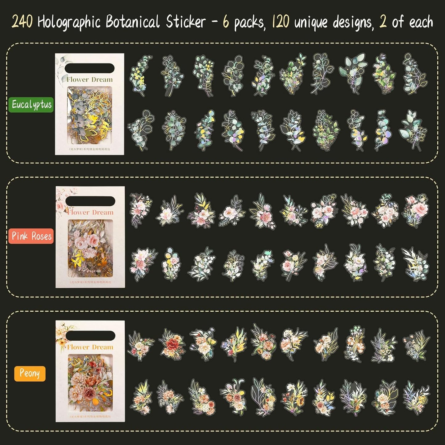 Dizdkizd Holographic Flower and Leaf Sticker Set, 240 Foil Gold Botanical Scrapbook Sticker Small Transparent Floral Decals for Journal, Planner, Photo Album, Card