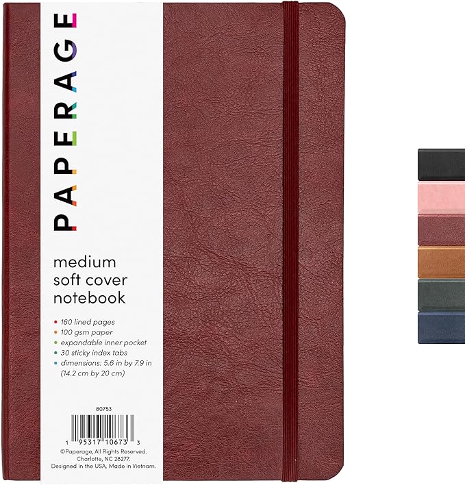PAPERAGE Softcover Lined Journal Notebook (Burgundy), 160 Pages, Medium College Ruled Notebook, 5.6 inches x 7.9 inches - 100 GSM Thick Premium Paper, Soft Vegan Leather Journal for Home, Work & School