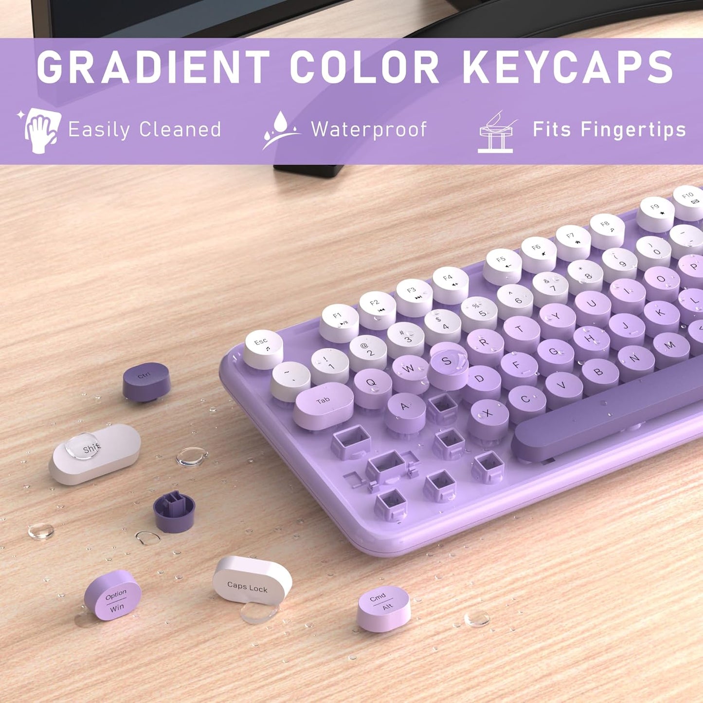 Wireless Keyboard and Mouse, Full-Size Retro Typewriter Keyboard with Round Keycaps, 2.4GHz for Windows, Mac, Laptop, PC, Desktop (Purple Gradient)