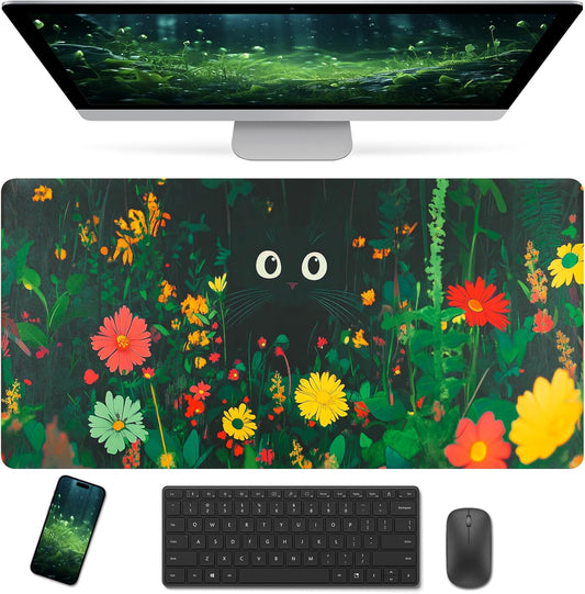 Bloss Wildflowers Mouse Pad,Large Floral Plants Desk Pads for Desktop,Cute Black Cat Leather Desk Mat for Keyboard and Mouse,Computer Laptop Desk Protector Mat for Office/Home/Women Gift,31.5" x 15.7"