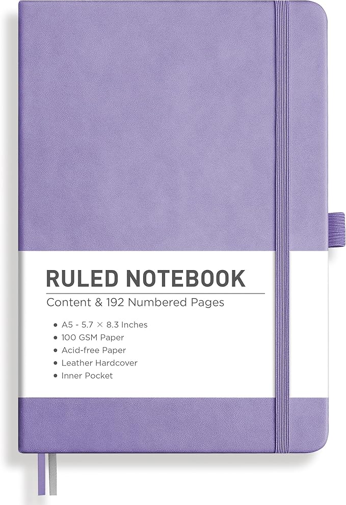 RETTACY Lined Journal Notebook, 192 Numbered Pages, A5 Medium Size (5.7'' x 8.3''), for Men & Women, Journaling, Writing, Work & Office, Leather Hardcover, 100 GSM Thick Paper (Purple)