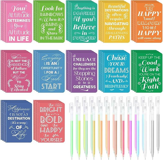 48 Pcs Mini Inspirational Notebooks Bulk with 48 Pcs Colorful Pens, Small Pocket Journal Notepads Set, Motivational Bulk Gifts for Women Men Teacher Student Kids, Fun School Office Supplies,3.5"x5.5"