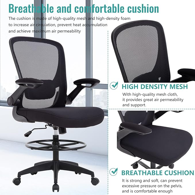 BestOffice Drafting Chair Tall Office Chair with Adjustable Foot Ring and Flip-Up Arms Computer Standing Desk Chair Executive Rolling Swivel Chair for Office & Home