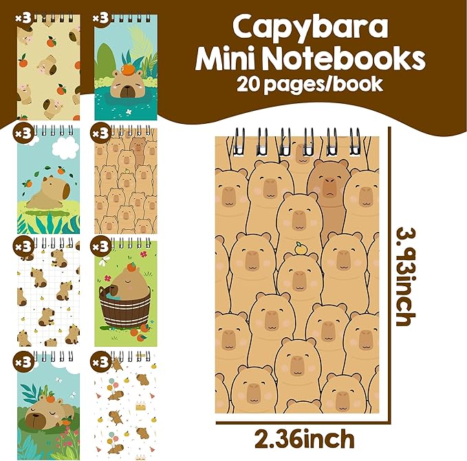 24 Packs Capybara Mini Spiral Notebooks Cute Animal Pocket Notepads Journal Memo Pads for Birthday Party Favors Gifts Goodie Bag Stocking Stuffers Office School Classroom Rewards, 8 Designs
