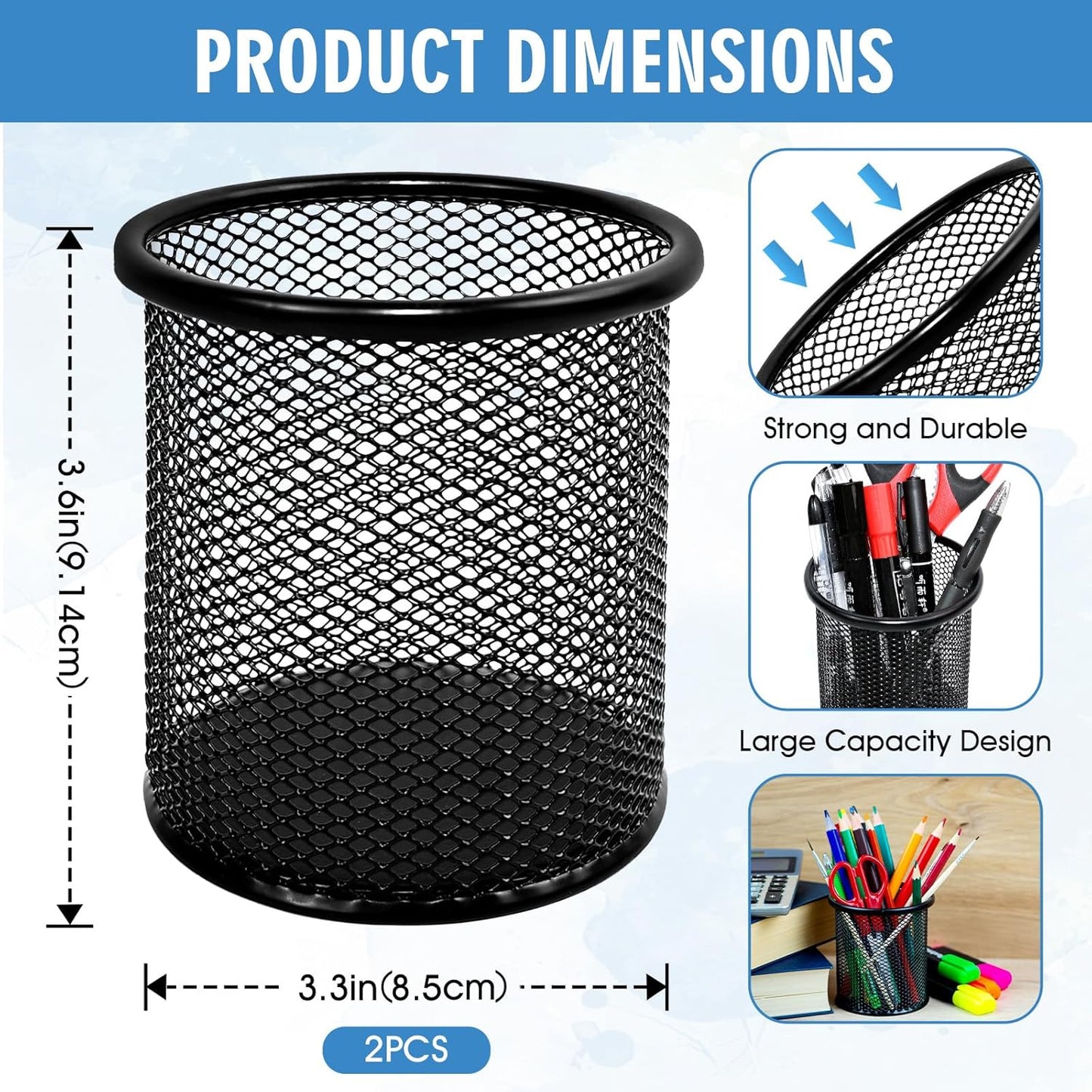 2 Pack Black Pencil Cup - Wire Mesh Pen Cup Holder for Desk, Office Pen Organizer With Sleek Design