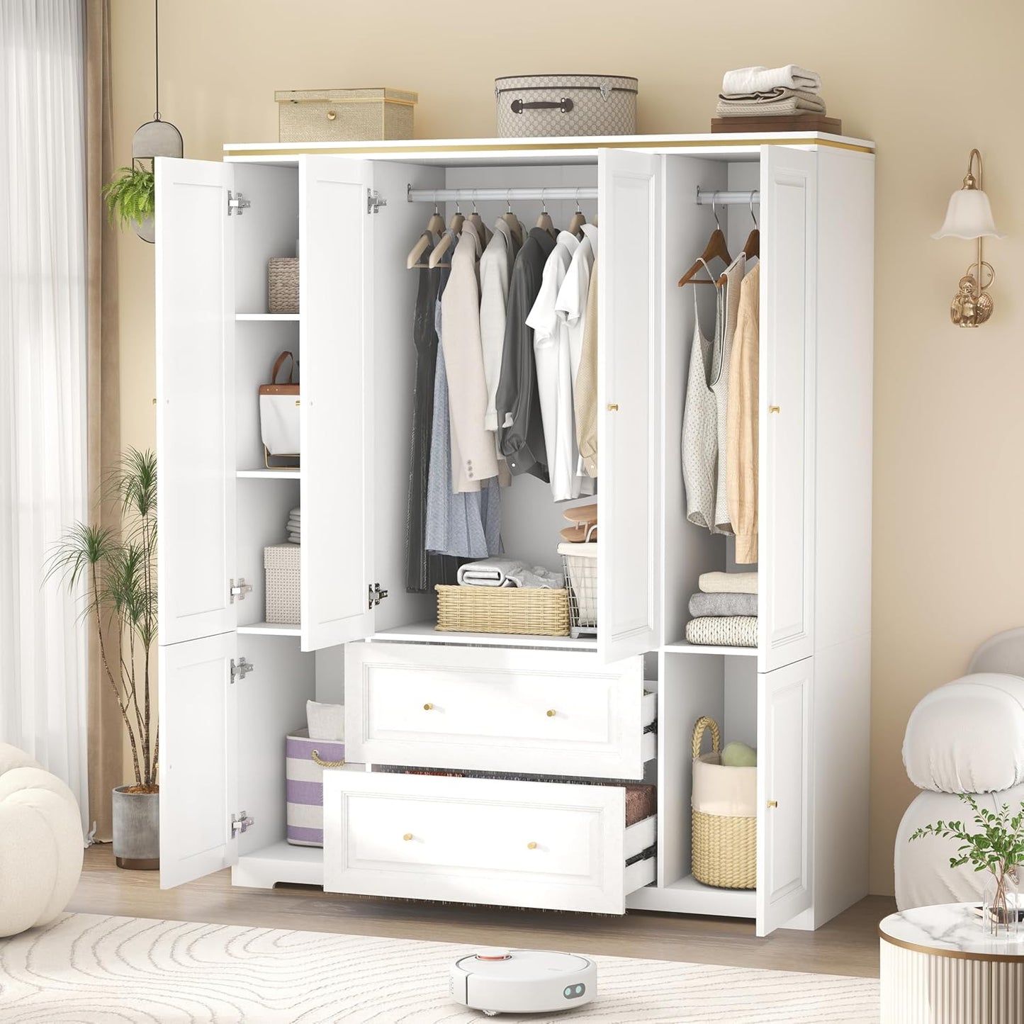 White Armoire Wardrobe Closet with Drawers: Wardrobe Closet for Hanging Clothes, Modern Bedroom Armoires with Hanging Rod, Wardrobes Closets with 4 Doors and Shelves (White, 59")