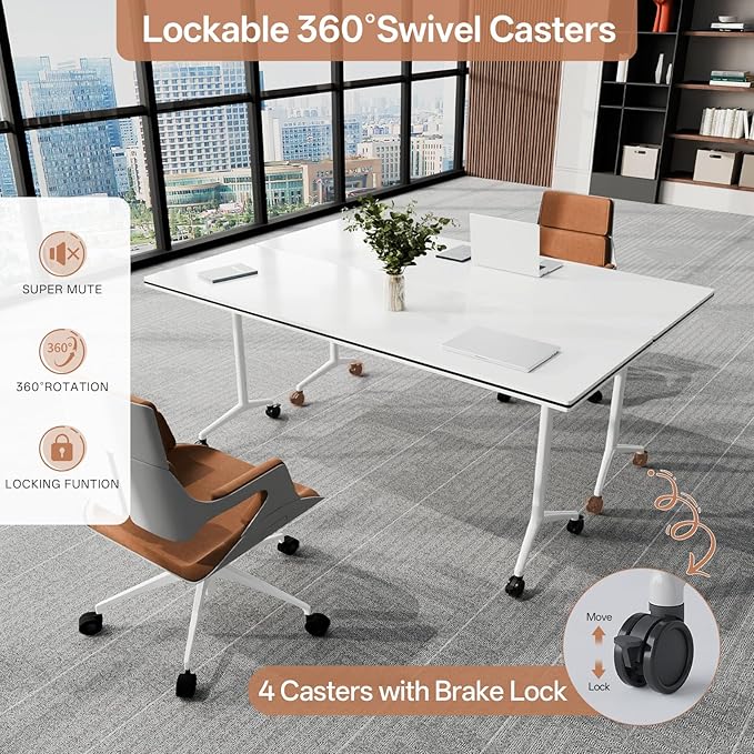 Conference Table, Folding Conference Tables for 2-20 People, Modern Conference Room Table with Wheels, Super Sturdy Large Rectangle Mobile Meeting Seminar Tables for Office (2PCS 55.1in)