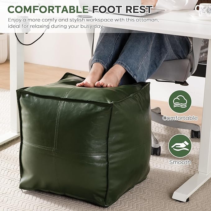 Unstuffed Pouf Cover, 17.7" Faux Leather Poofy Ottoman Cover, Square Footstool For Storage Living Room Decoration Foot Rest, Footrest for Bedroom Balcony Office Chair, (Only Cover, No Filler), Green