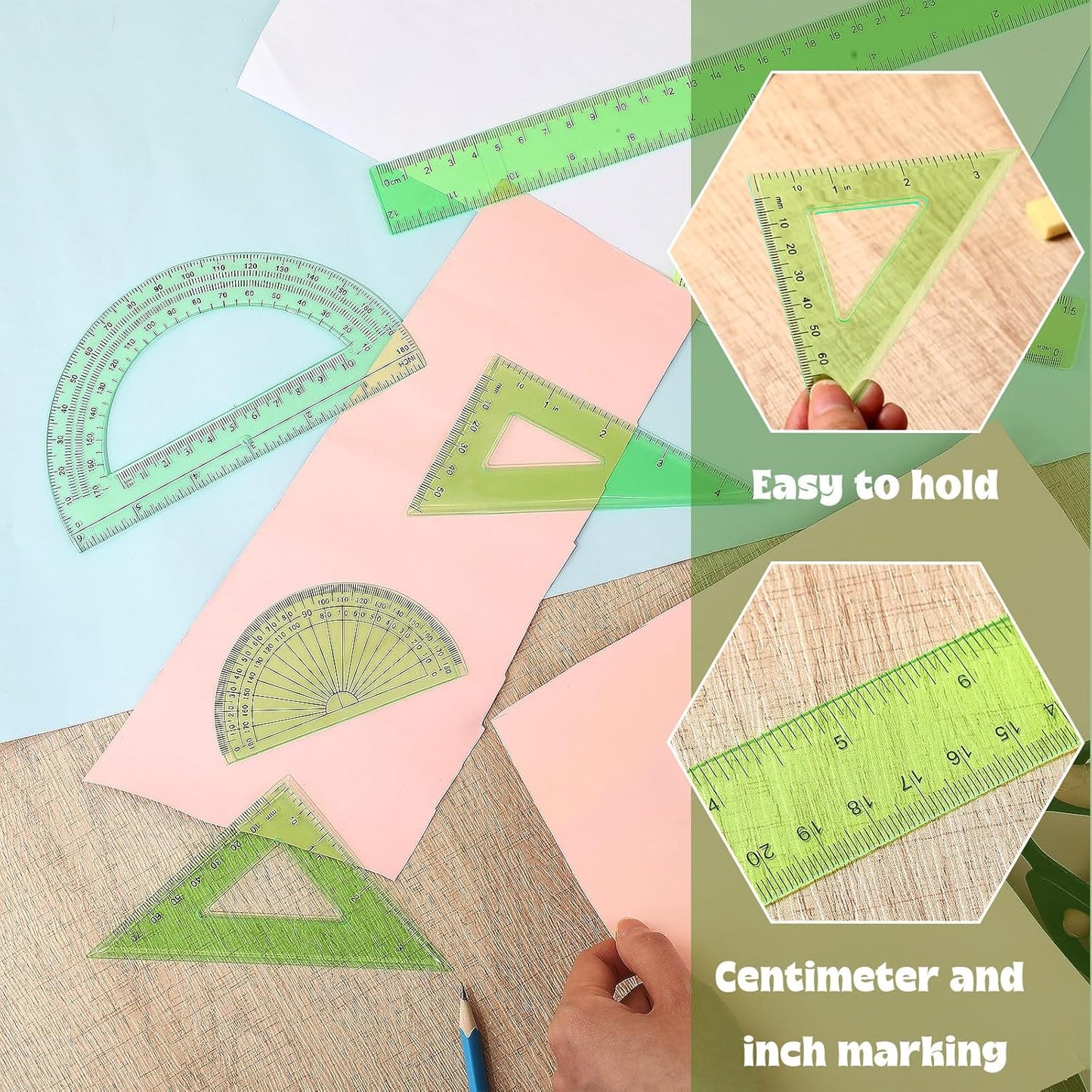 Zonon 1 Set Plastic Geometry Math Set Includes Drawing Compass, 6 Inch 4 Inch Protractor, 45/60 Degree Triangle Rulers 12 Inch 6 Inch Math Ruler Transparent for Office Supplies(Green)