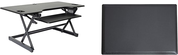 Rocelco 46" Large Height Adjustable Standing Desk Converter with Anti Fatigue Mat BUNDLE - Quick Sit Stand Up Triple Monitor Riser - Retractable Keyboard Tray - Black (R DADRB-46-MAFM)