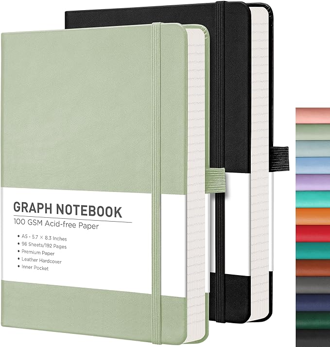 RETTACY Graph Grid Paper Notebook, 2-Pack, 192 Pages per Pack, A5 Medium Size (5.7'' x 8.3''), Leather Hardcover, 100 GSM Thick Paper, for School, Students, Math, Engineering (Black & Light Green)