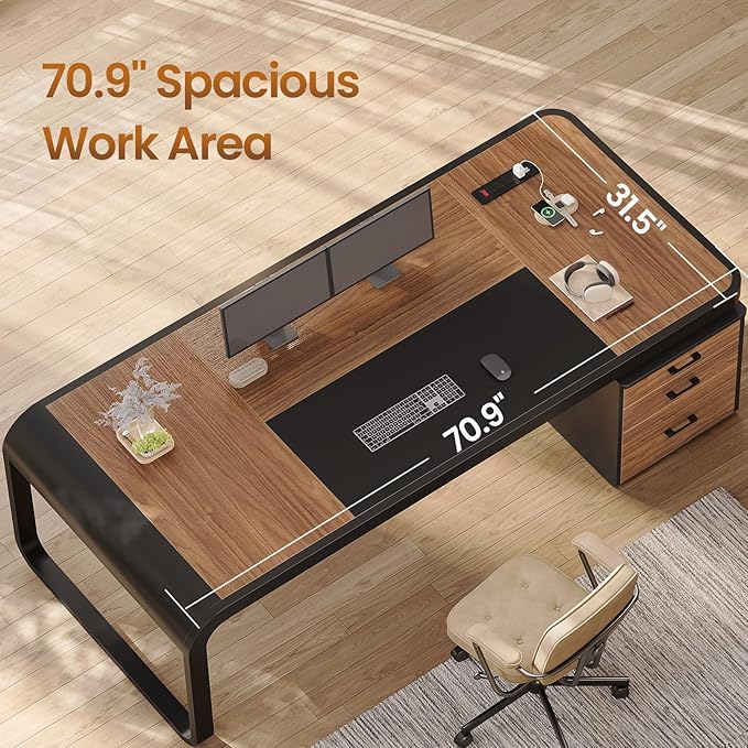Itaar 70.9" Executive Desk, Large Computer Desk with Drawers and Lateral File Cabinet, Office Desk with Removable Shelves, Business Furniture Desk Workstation for Home Office, Walnut