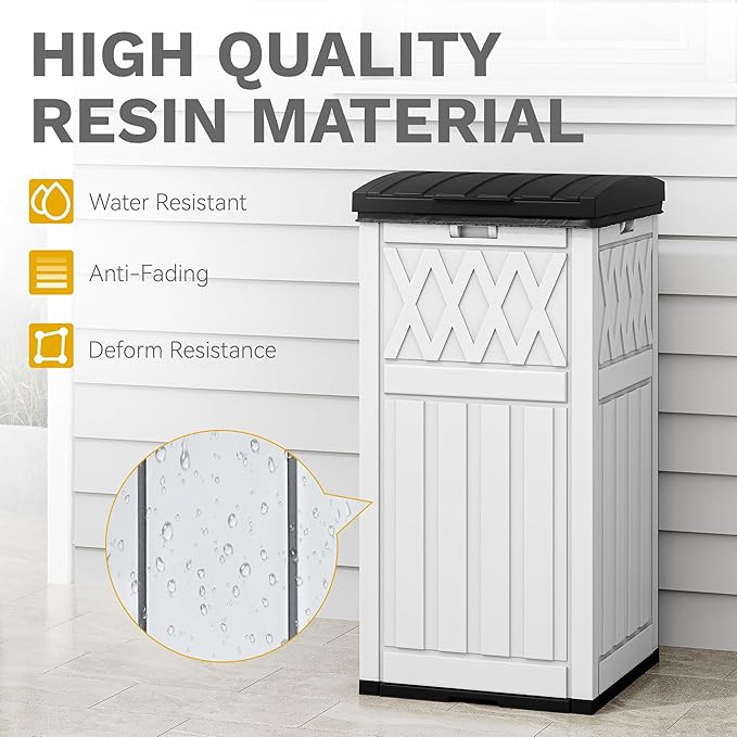 DWVO 36-Gallon Outdoor Trash Can with Fabric Bag, Tiered Lid & Drip Tray, Waterproof Resin Garbage Bin for Patio, Deck, and Backyard, White & Black