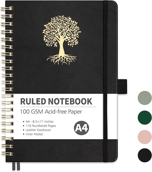 RETTACY Spiral Journal Notebook, 110 Numbered Pages, A4 Large Size (8.5'' x 11''), for Men & Women, Journaling, Writing, Work & Office, Leather Hardcover, 100 GSM Thick Paper (Black)