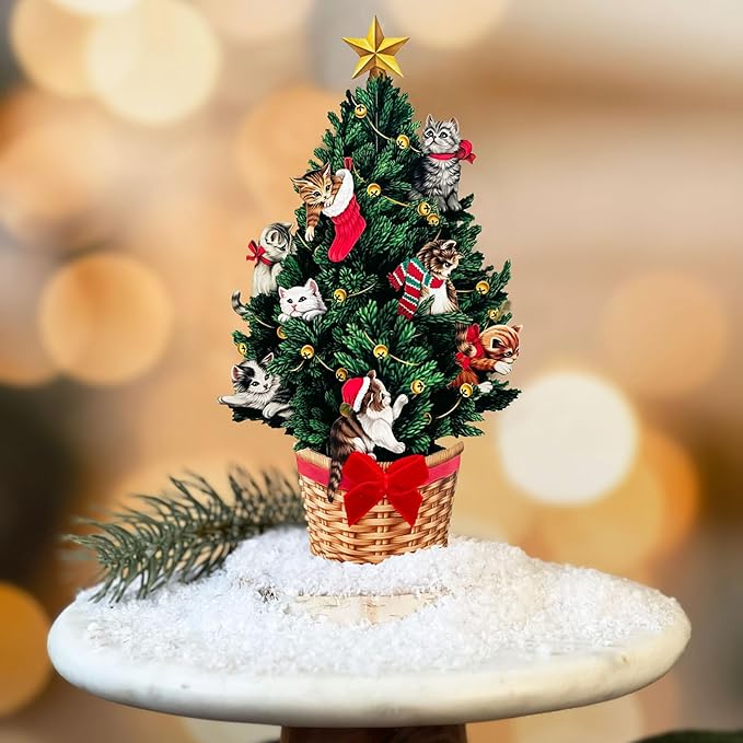 Freshcut Paper Pop Up Cards, Mini Meowy Christmas, 6 Inch Mini Sized Forever Flower Bouquet 3D Popup Greeting Cards, Christmas Card, Holiday Card, Blank Notecard & Envelope