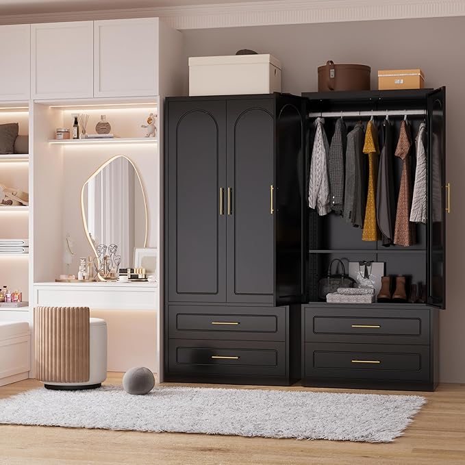 Metal Armoire Wardrobe Closet with Two Drawers, 71" Tall Large Wardrobe Cabinet with Hanging Rod, Clothing Storage Cabinet with Doors and Shelves for Bedroom, Black, Assemble Required