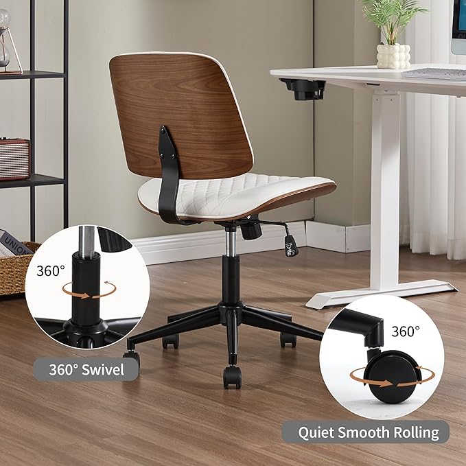 Small Home Office Chair - Armless Mid Back Desk Chair with 360° Swivel and Wheels, PU Upholstered Height Adjustable Modern Walnut Computer Chair for Home, Office Meeting Room - White