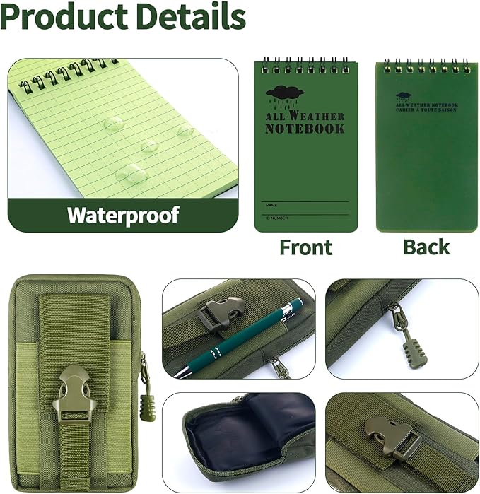 7 Piece Waterproof Notebook, 3 X 5 Inch Waterproof Notepad with Waterproof Weatherproof Pen and Waterproof Multi Functional Waist Pack for Outdoor Activities Recording (Army Green)