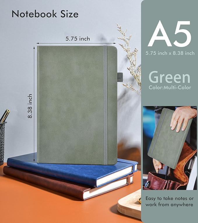 Lined Journal Notebook for Men Women, 200 Numbered Pages Leather Hardcover Journal with Pen, A5 Journaling Notebooks, Thick Paper College Ruled Journals for Writing Work Business 5.75'' X 8.38'' Green