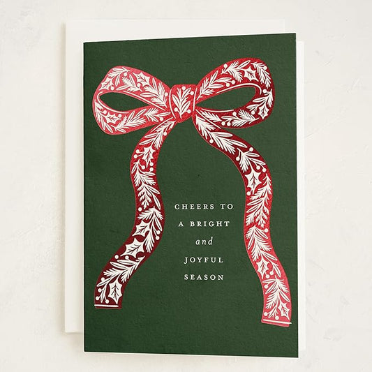 Minted Botanical Bow Holiday Cards, 8 Cards with Envelopes, Folded 5x7 Christmas Card with Red and White Illustrated Ribbon Design, Gold Foil-Pressed, Luxurious Paper, Interior Message Included