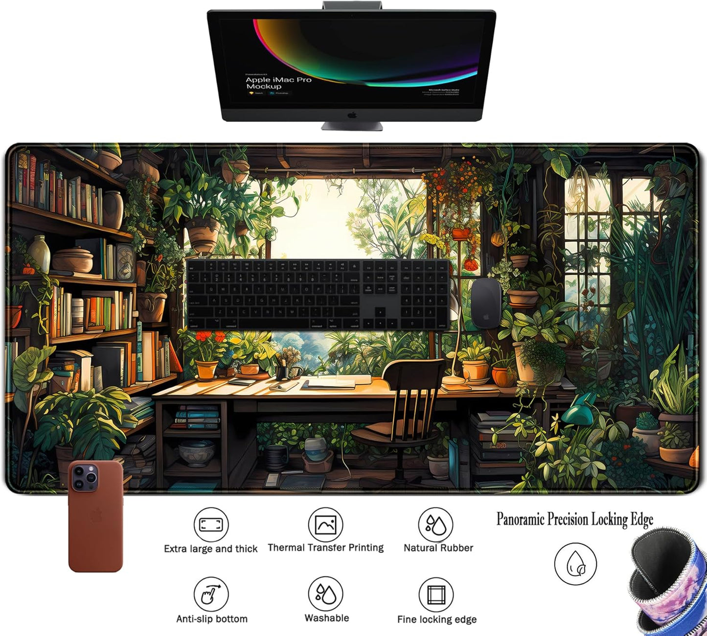 Green Plant Lovers Cute Desk Mat, Kawaii Desk Pad XXL Large Extended Lofi Mouse Pad Gaming Anime Mousepad, Big Laptop Computer Keyboard and Mouse Mat for Girl Women Office Desk Decor 31.5x15.7 in