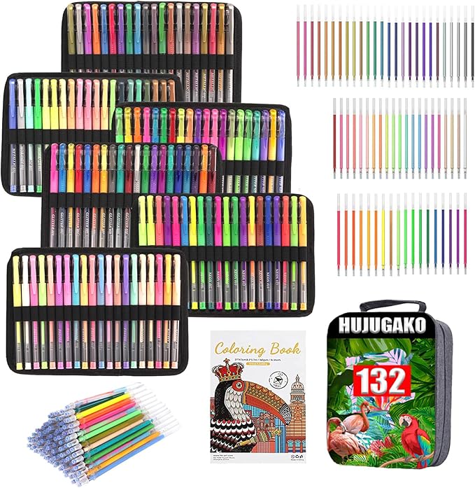 264 Pack Gel Pens Set,132 Colored Gel pen with 132 Refills 100% More Ink, Include Glitter Metallic Pastel Neon Morandi Gel Pens for Adults Coloring Books Drawing Crafts Bullet Journaling