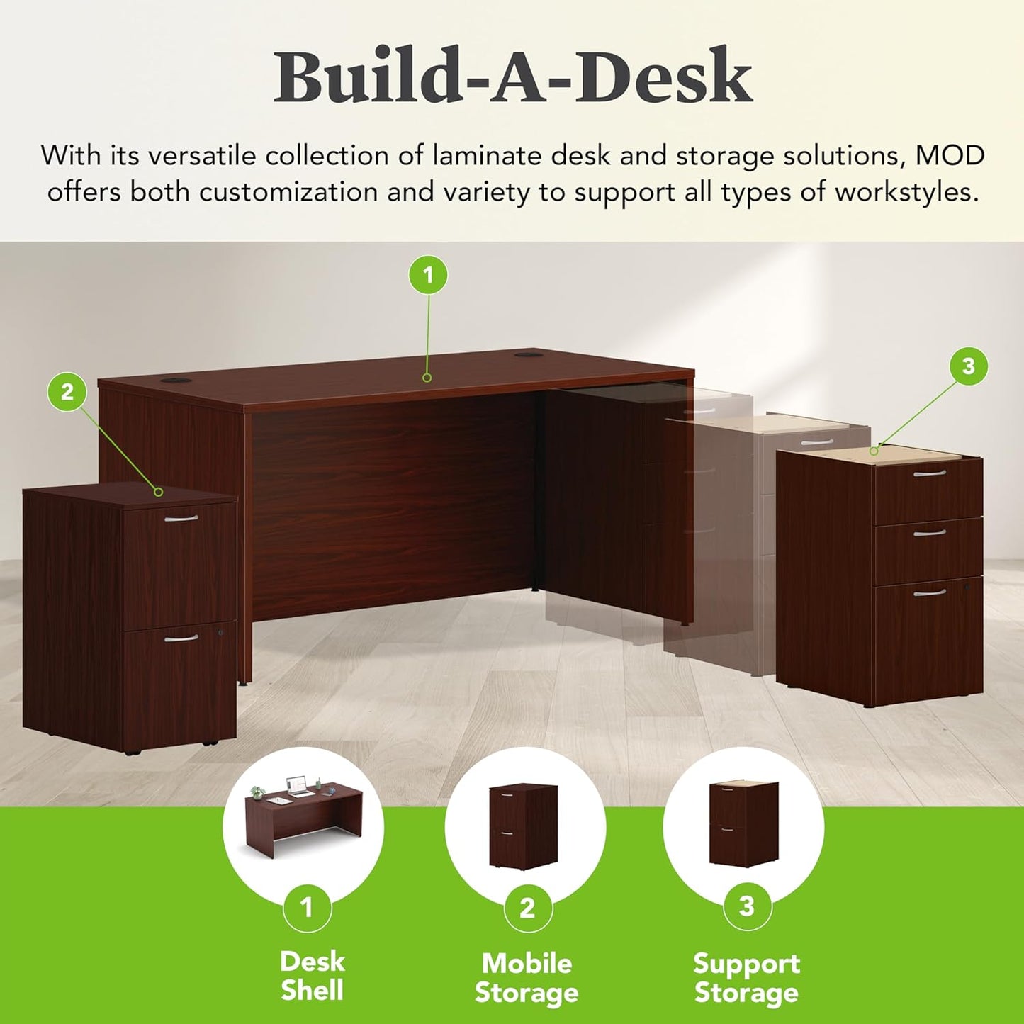 HON MOD Executive Desk 66-Inch Large Computer Desk Shell, Thick Wooden Laminate, Modern Table with Cord Management, 66" W x 30" D x 29" H, Traditional Mahogany