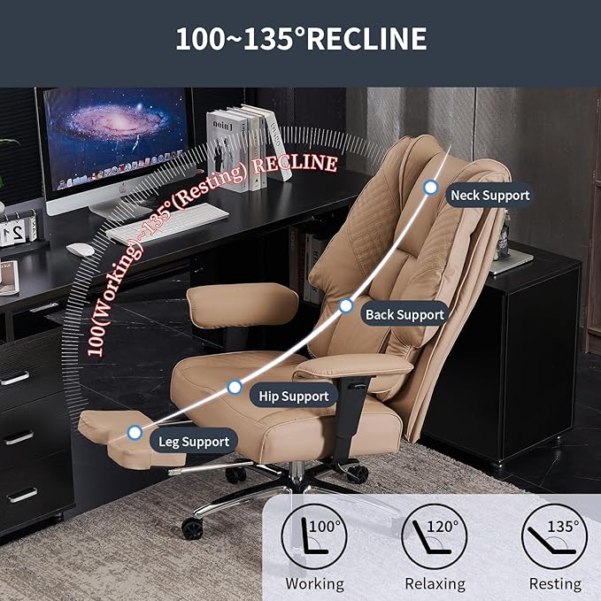 Big and Tall Office Chair 400lbs Wide Seat, Leather High Back Executive Office Chair with Foot Rest, Ergonomic Chairs Lumbar Support for Lower Back Pain Relief (Brown)