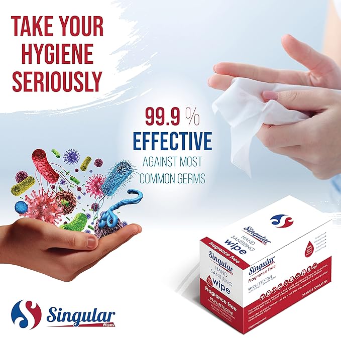 Hand Sanitizing Wipes Travel Size by Singular Wipes –30ct Individually Wrapped | Fragrance-Free, Moisturizing, 70% Isopropyl Alcohol Wipes | Travel, Home, Office, Daily Use | Made in USA